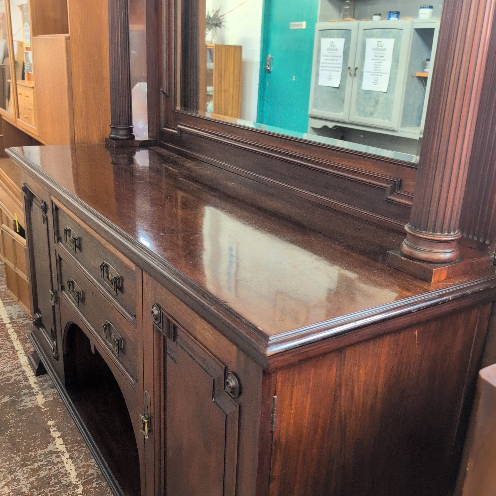 Maple & Co Antique Dark Wood Mirrored Sideboard