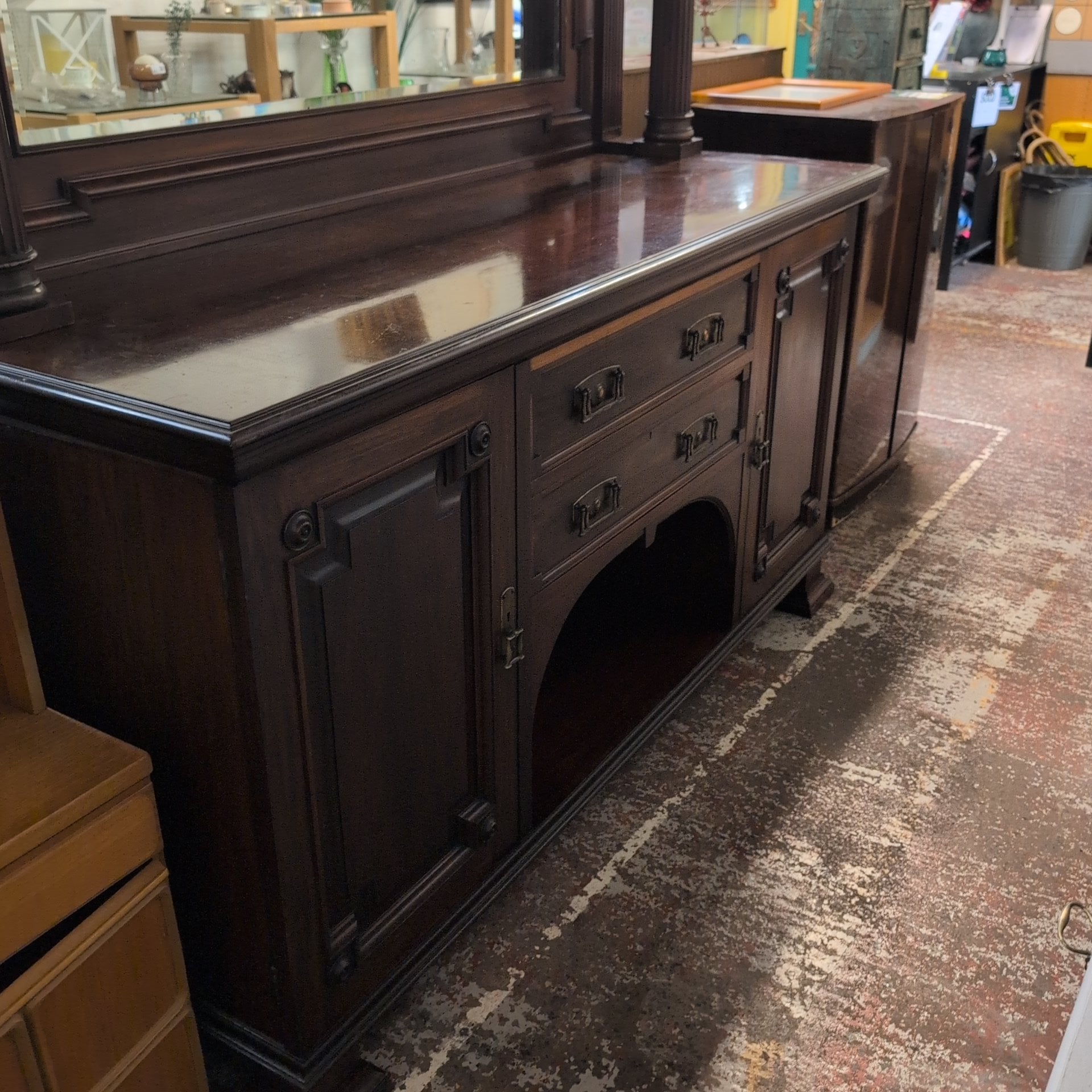 Maple & Co Antique Dark Wood Mirrored Sideboard
